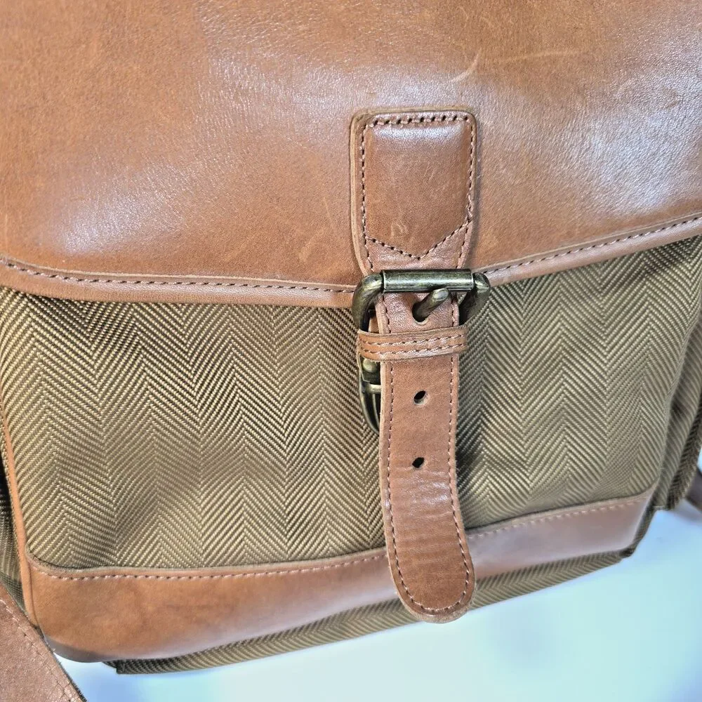 L.L. Bean Canvas Leather Crossbody Messenger Bag Brown Herringbone Travel Field